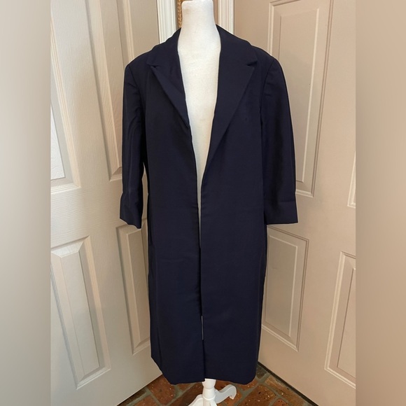 Vintage Jackets & Blazers - Vintage navy wool satin lined 3/4 sleeve 1950s open front custom made coat. M.